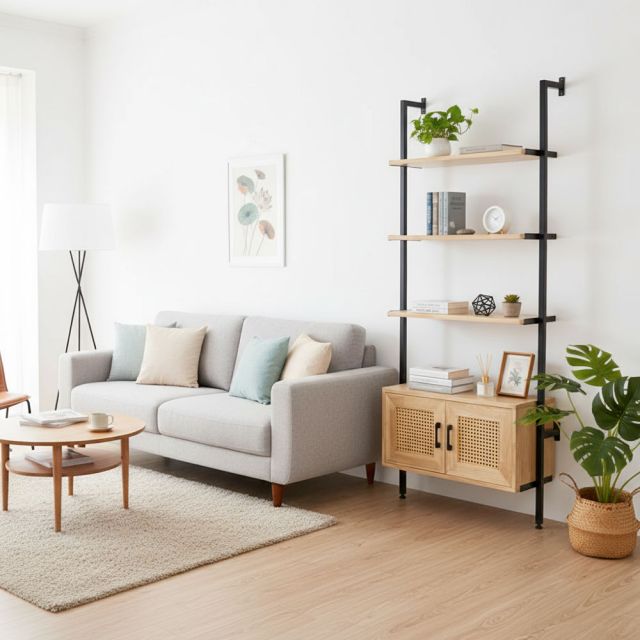 Kệ sách áp tường có tủ 208x28x180cm gỗ cao su KS68270