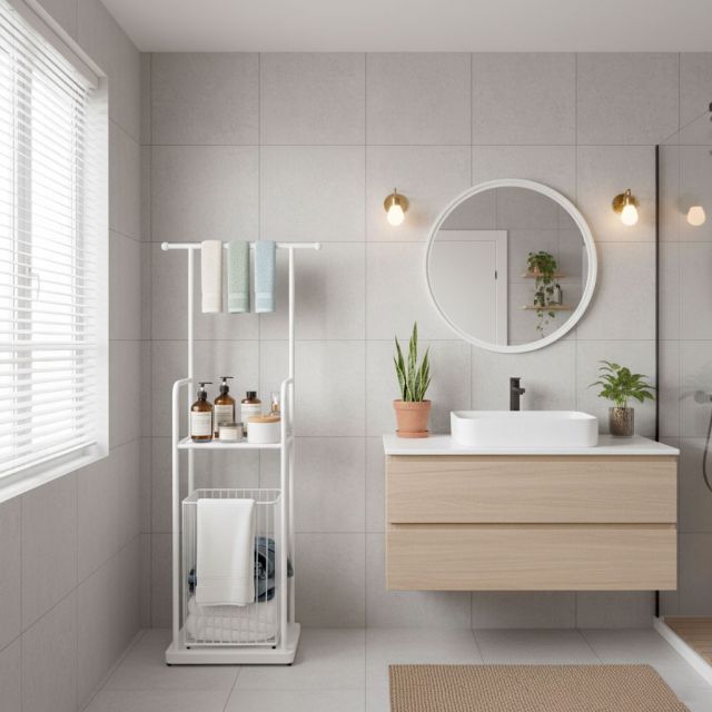 Kệ để đồ phòng tắm có móc treo và giỏ đựng KPT68010