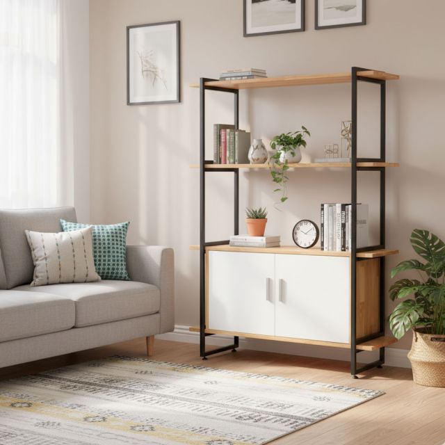 Kệ trang trí có hộc tủ 100x30x140cm gỗ cao su khung sắt KS68173
