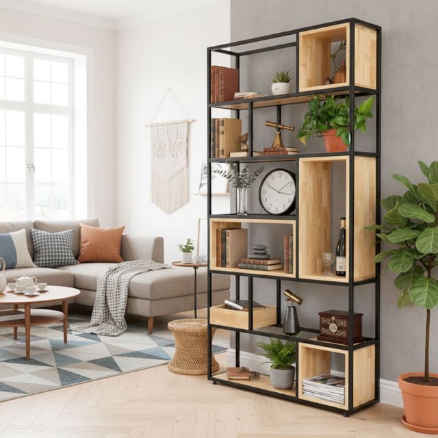 Kệ trang trí khung sắt 100x30x200cm gỗ cao su KS68141