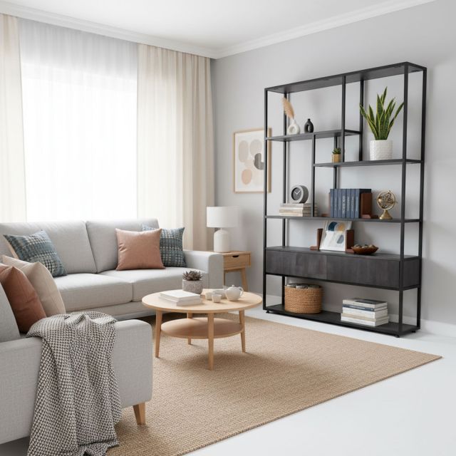 Kệ trang trí gỗ cao su khung sắt có tủ dưới 120x35x180(cm) KTB68074