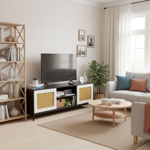 Kệ Tivi gỗ cao su cửa mây chân sắt KTV68086