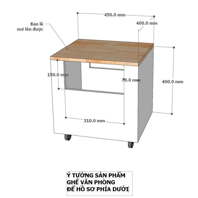 Ghế hồ sơ di động 45x40x40cm gỗ cao su GNHS001