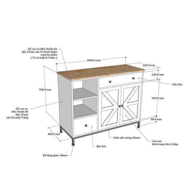 Bàn đảo bếp 104x41x80cm gỗ cao su KISL008