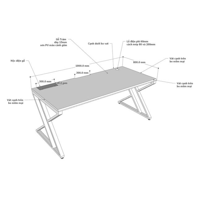 Bàn làm việc có hộp điện 180x80cm gỗ tràm GD68113