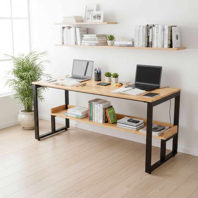 Bàn học 2 chỗ ngồi liền kệ 160x60cm gỗ cao su FD68083