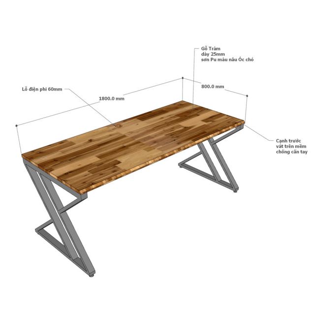 Bàn làm việc 180x80cm gỗ tràm chân chữ X GD68112