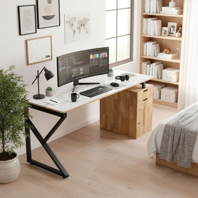 Bàn làm việc gác tủ 180x60cm plywood tủ gỗ cao su HBKC057 Bàn làm việc gác tủ 180x60cm plywood tủ gỗ cao su HBKC057