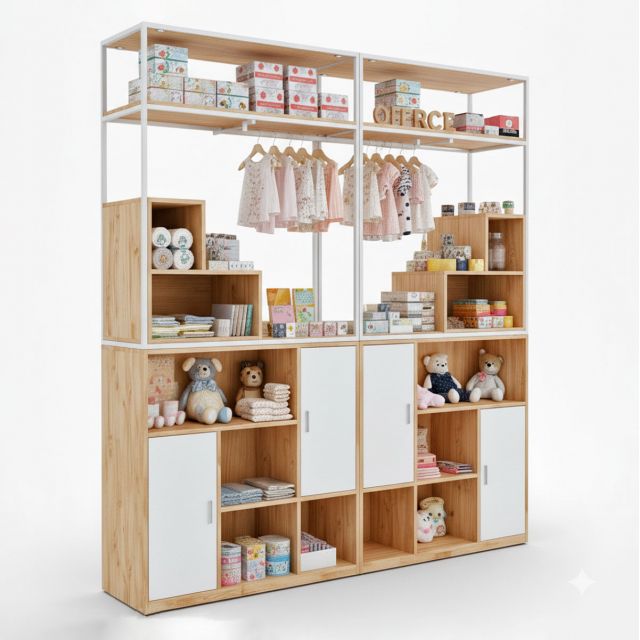 Hệ kệ trưng bày quần áo thời trang 230x45x240cm gỗ cao su GQA68042