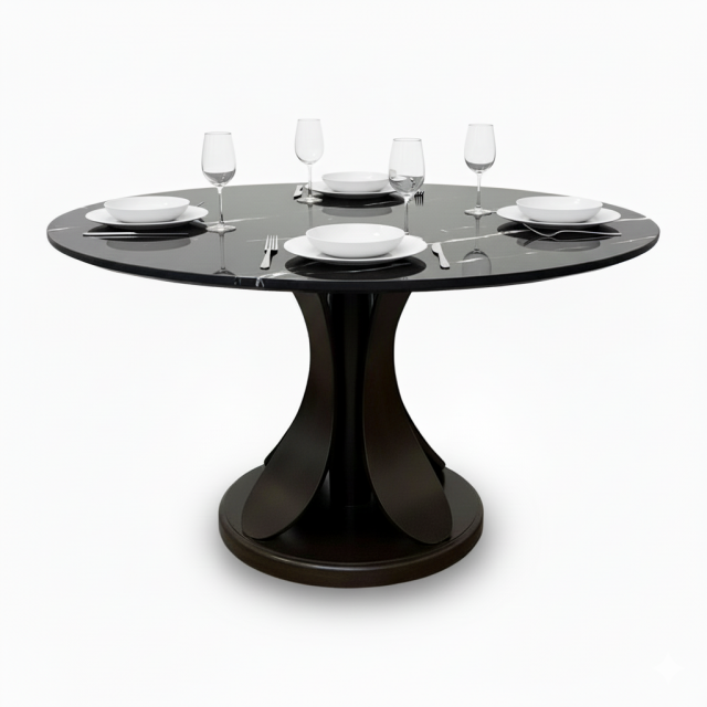 Bàn ăn tròn Lotus đường kính 1m2 mặt đá ceramic cao cấp chân gỗ tần bì BA68276