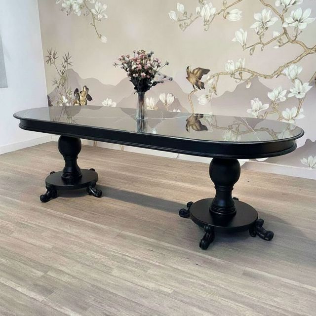 Bàn ăn hình oval 245x95x75cm Noir mặt đá ceramic vân mây chân gỗ BA68279