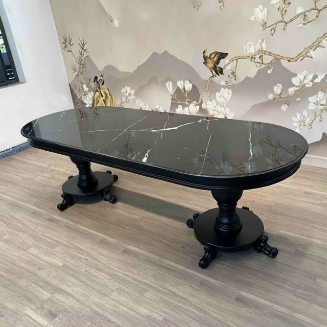 Bàn ăn hình oval 245x95x75cm Noir mặt đá ceramic vân mây chân gỗ BA68279
