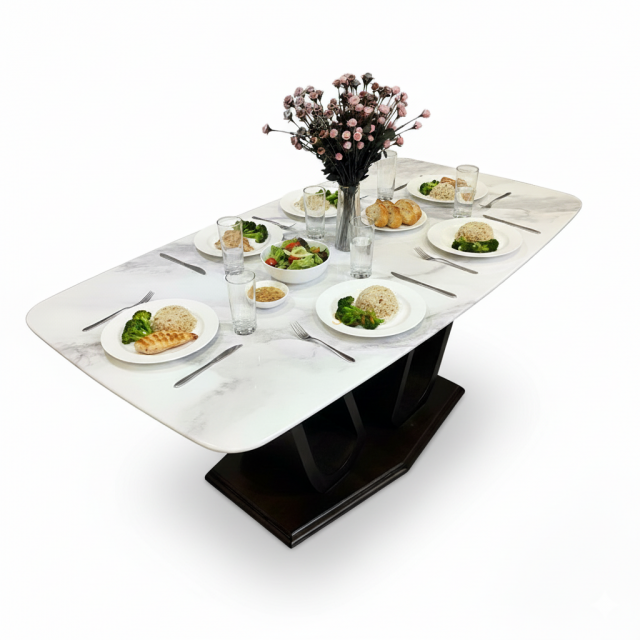 Bàn ăn chữ nhật 140x90x75cm mặt đá ceramic chân gỗ cao su BA68277