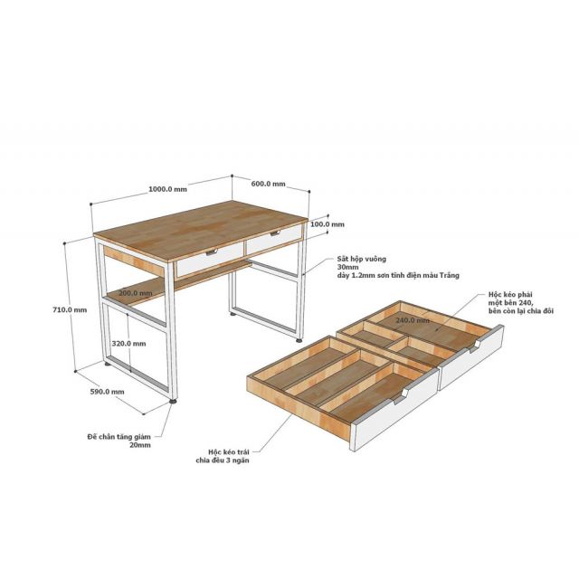 Bàn học có ngăn kéo 100x60cm gỗ cao su BD68164