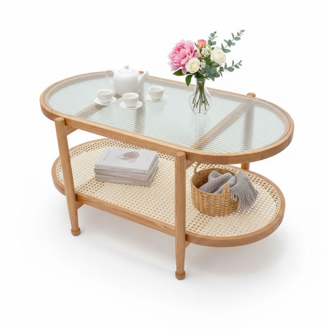 Bàn sofa Oval 2 tầng mặt kính 100x50cm gỗ tần bì TT68348