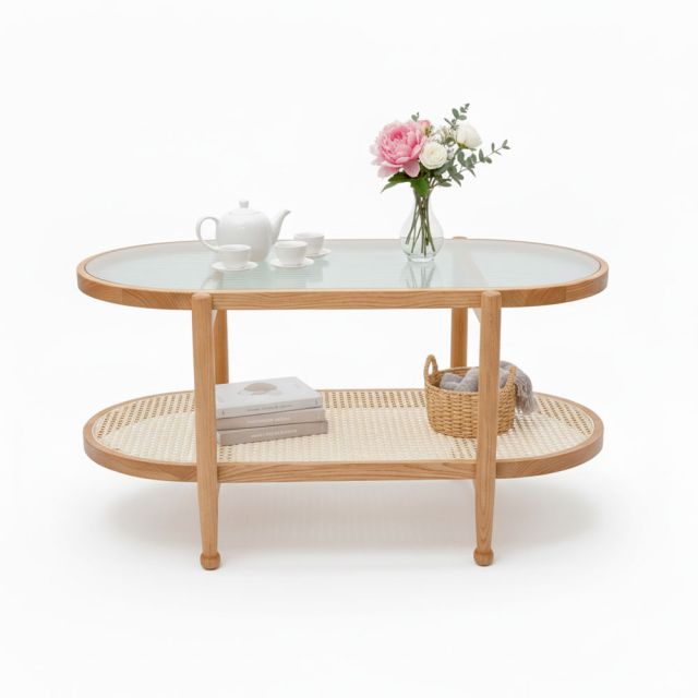 Bàn sofa mây Oval mặt kính 100x50cm gỗ tần bì TT68348