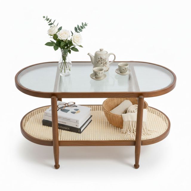 Bàn sofa mây Oval mặt kính 100x50cm gỗ tần bì TT68348