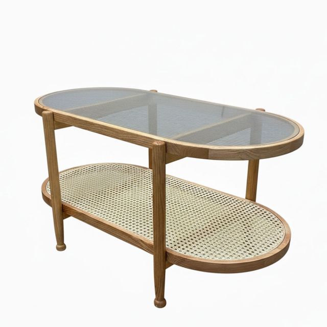 Bàn sofa mây Oval mặt kính 100x50cm gỗ tần bì TT68348