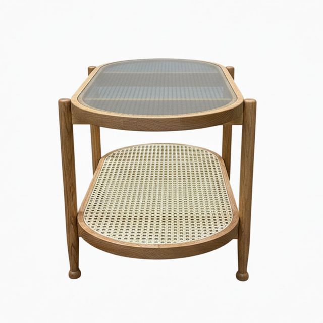 Bàn sofa mây Oval mặt kính 100x50cm gỗ tần bì TT68348