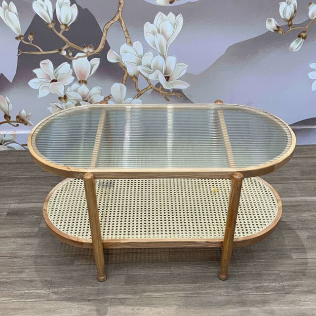 Bàn sofa mây Oval mặt kính 100x50cm gỗ tần bì TT68348