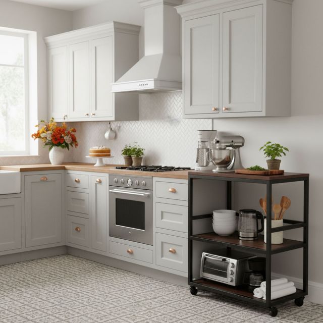 Kệ bếp di động 64x40x89cm mặt gỗ cao su KB68074