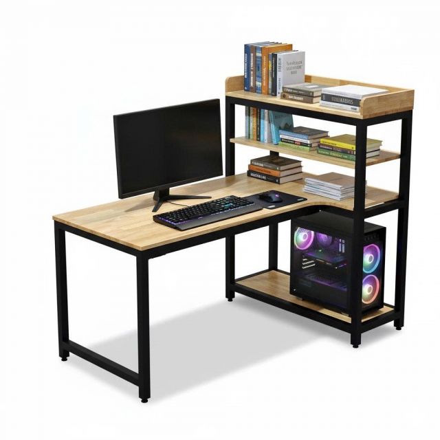 Bàn góc L liền kệ 150x100x120cm gỗ cao su CD68040