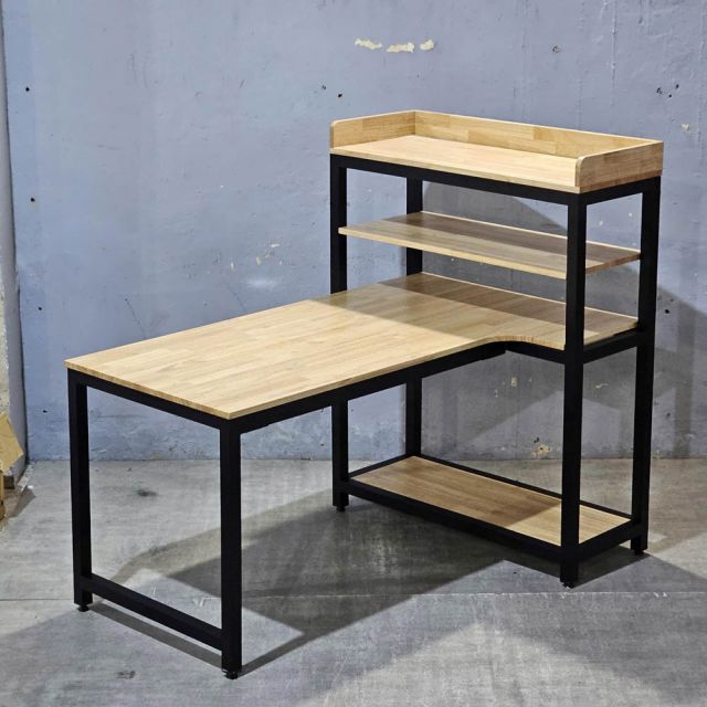 Bàn góc L liền kệ 150x100x120cm gỗ cao su CD68040