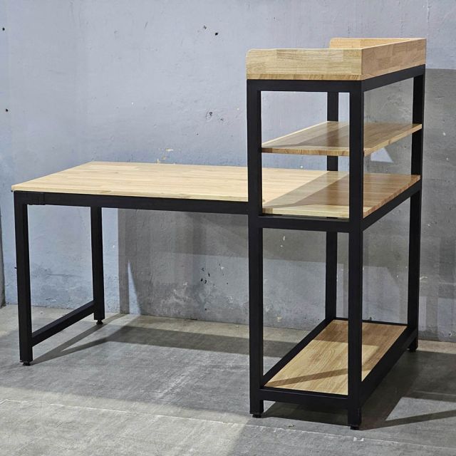 Bàn góc L liền kệ 150x100x120cm gỗ cao su CD68040