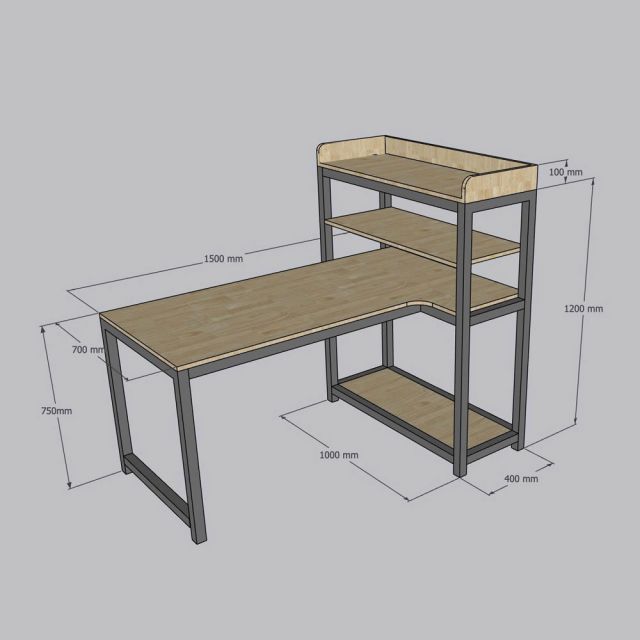 Bàn góc L liền kệ 150x100x120cm gỗ cao su CD68040