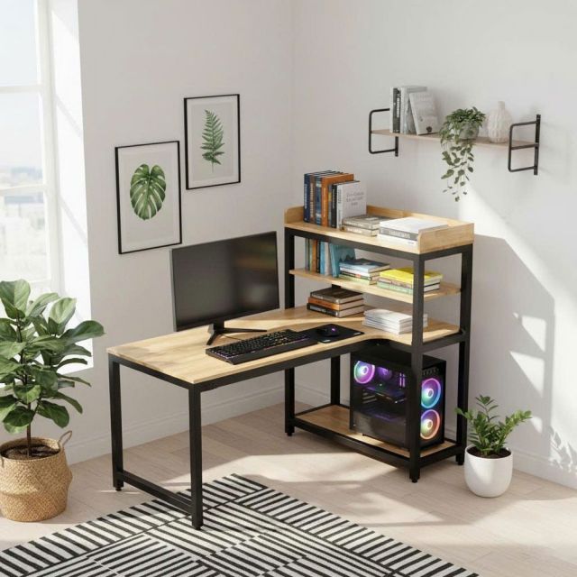 Bàn góc L liền kệ 150x100x120cm gỗ cao su CD68040