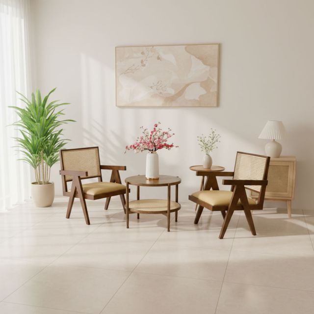 Combo bàn ghế sofa V-leg gỗ cao su CBSF68059