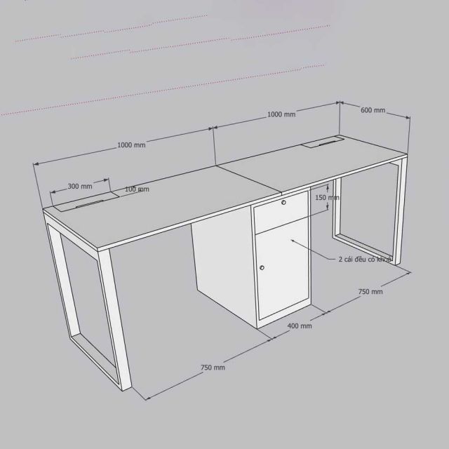 Bàn cụm 2 người có tủ 200x60cm gỗ cao su HBRT121