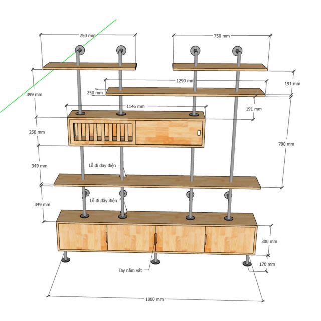 Hệ kệ ống nước áp tường 180x25x200cm gỗ cao su PPF025