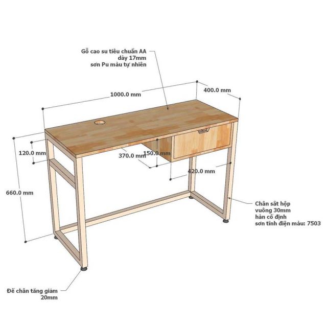 Bàn học trẻ em 100x60x66cm gỗ cao su PSD045