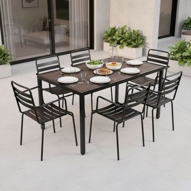 Combo bàn ngoài trời gỗ nhựa và 6 ghế sắt CBNT007