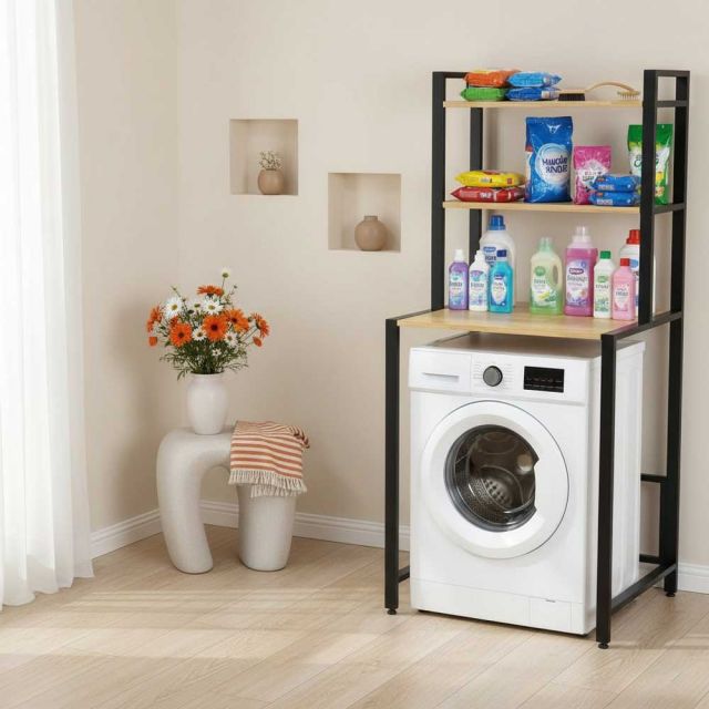 KMG68002- Kệ máy giặt 3 tầng gỗ Cao Su khung sắt