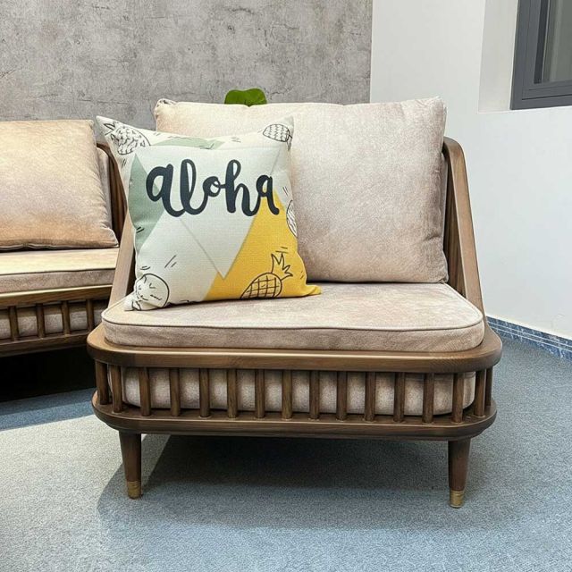 Ghế sofa đơn KBH nan gỗ nệm da GSD68062 Ghế sofa đơn KBH nan gỗ nệm da GSD68062