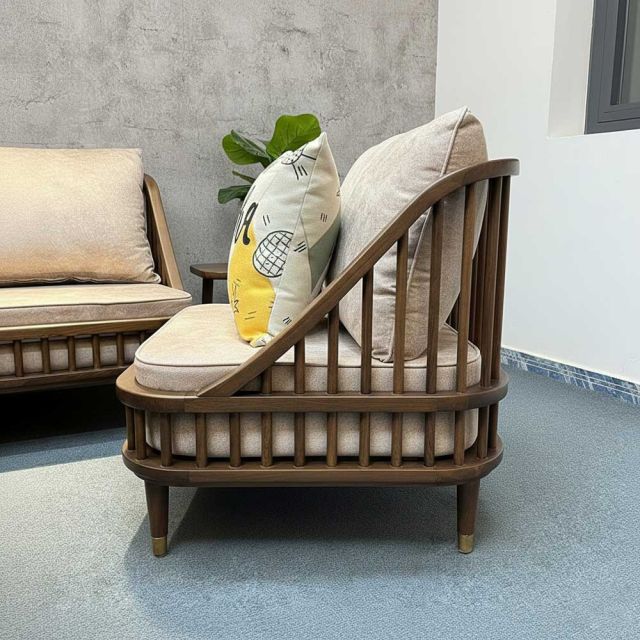 Ghế sofa đơn KBH nan gỗ nệm da GSD68062 Ghế sofa đơn KBH nan gỗ nệm da GSD68062