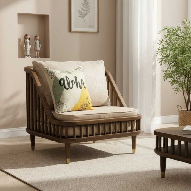 Ghế sofa đơn KBH nan gỗ nệm da GSD68062 Ghế sofa đơn KBH nan gỗ nệm da GSD68062