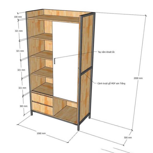 Tủ quần áo cửa lùa 106x50x200cm gỗ cao su TQA68077