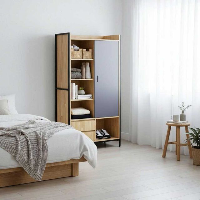 Tủ quần áo cửa lùa 106x50x200cm gỗ cao su TQA68077 Tủ quần áo cửa lùa 106x50x200cm gỗ cao su TQA68077