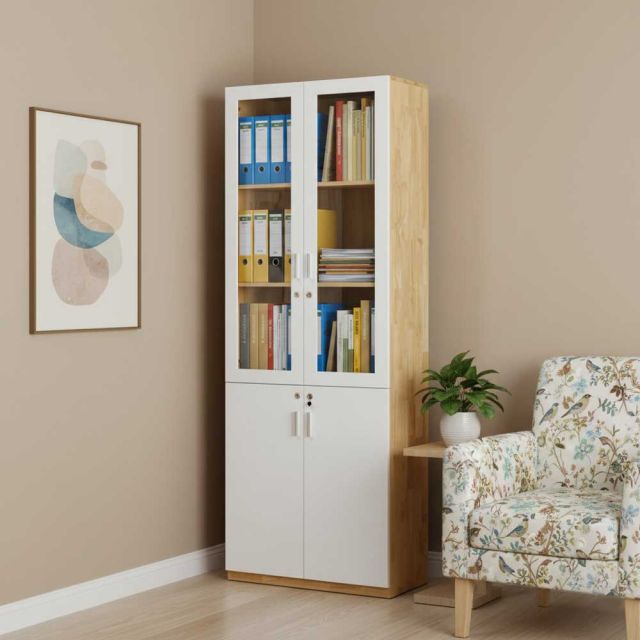 Tủ hồ sơ cửa kính có khóa 80x40x220cm gỗ cao su THS68012