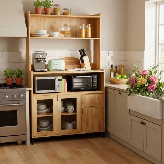 Tủ kệ nhà bếp 117x45x193cm gỗ cao su KB68076