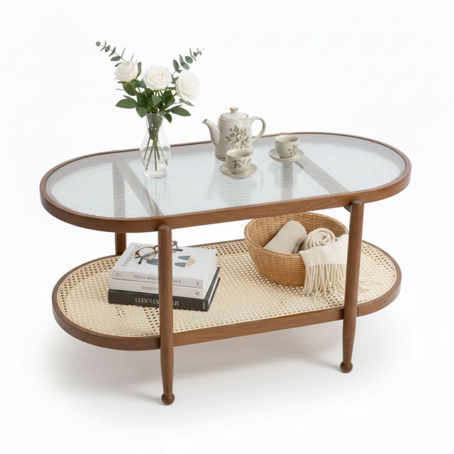 Bàn sofa mây Oval mặt kính 100x50cm gỗ tần bì TT68348