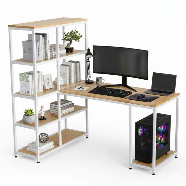 Bàn máy tính liền kệ 155x100x150cm gỗ cao su CD68041