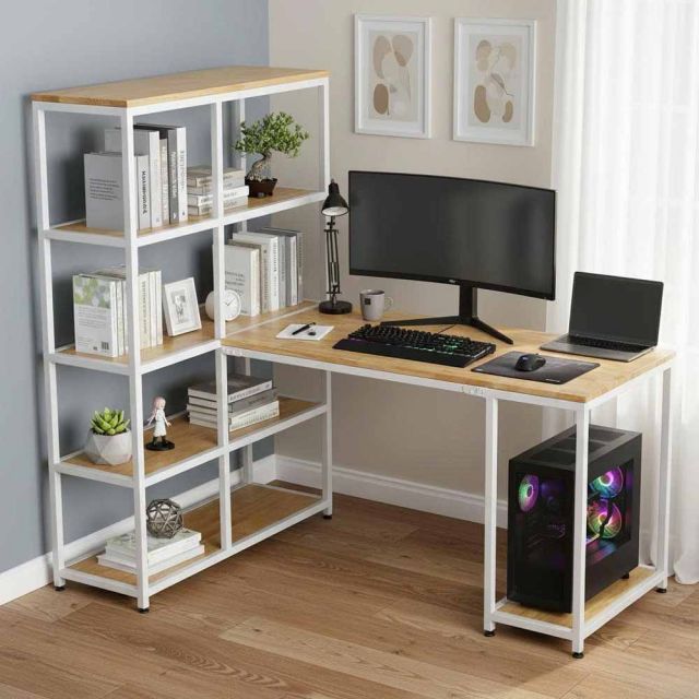 Bàn máy tính liền kệ 155x100x150cm gỗ cao su CD68041