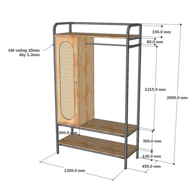 Tủ quần áo 120x45x200cm gỗ cao su TQA68078