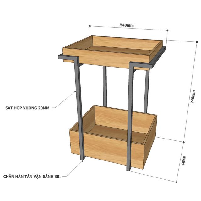Kệ bếp di động 2 tầng 54x44x84cm gỗ cao su KB68081
