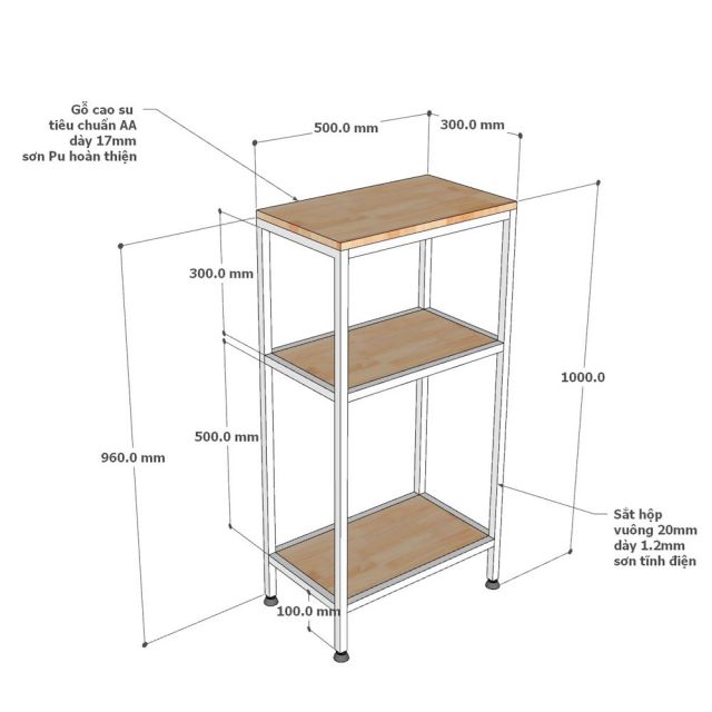 Kệ để CPU 3 tầng 50x30x96cm gỗ cao su KCPU68029