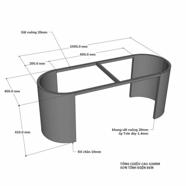 Chân bàn sofa bo cong 100x40x41cm sơn tĩnh điện CHB68090